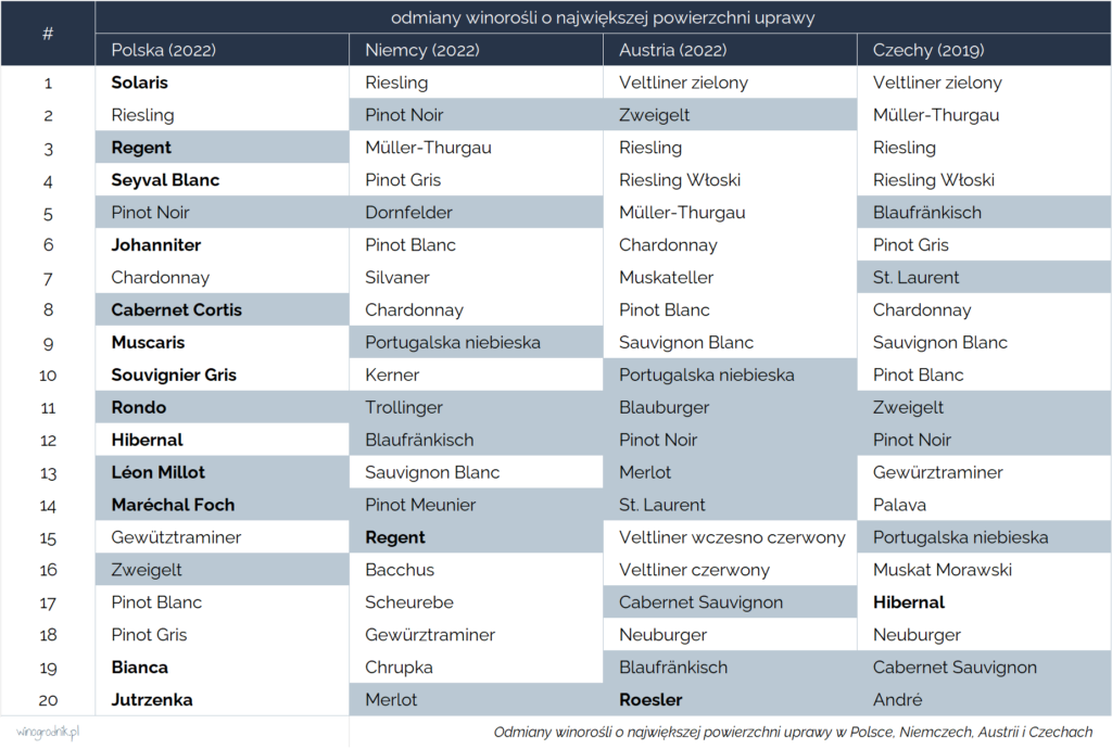 Odmiany winorośli o największym obszarze uprawy w Polsce, Niemczech, Austrii i Czechach.